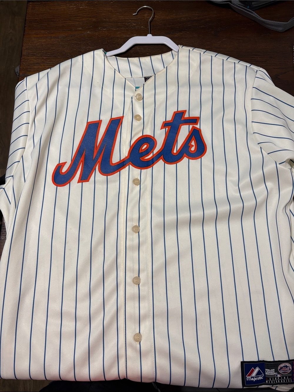 Majestic White Pinstripe Mets Button-Up Jersey with Blue and Orange Script